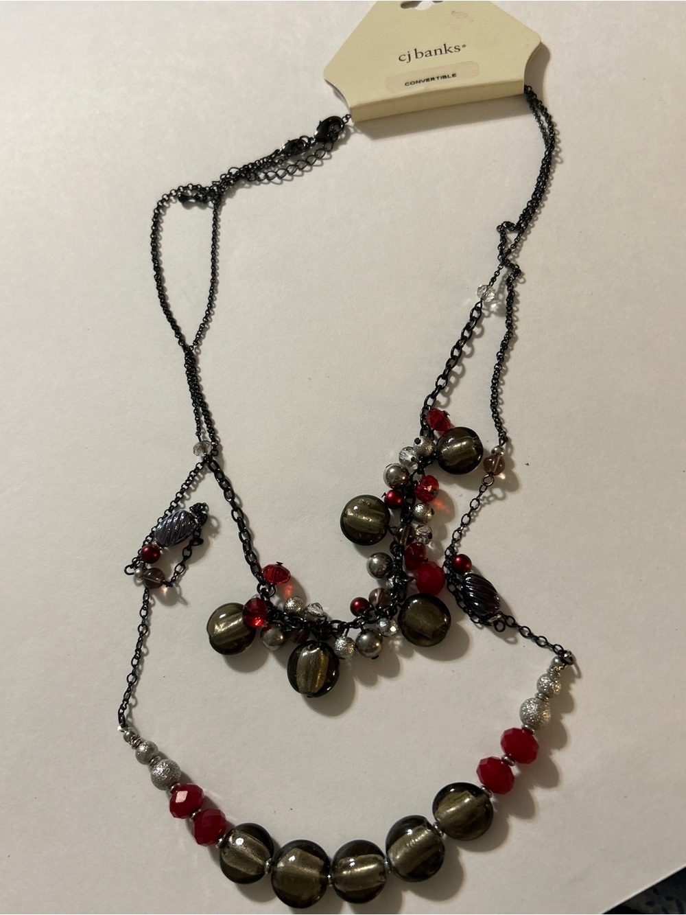 NWT cj banks Crimson Red Gunmetal Convertible Multi Strand Necklace Earring Set